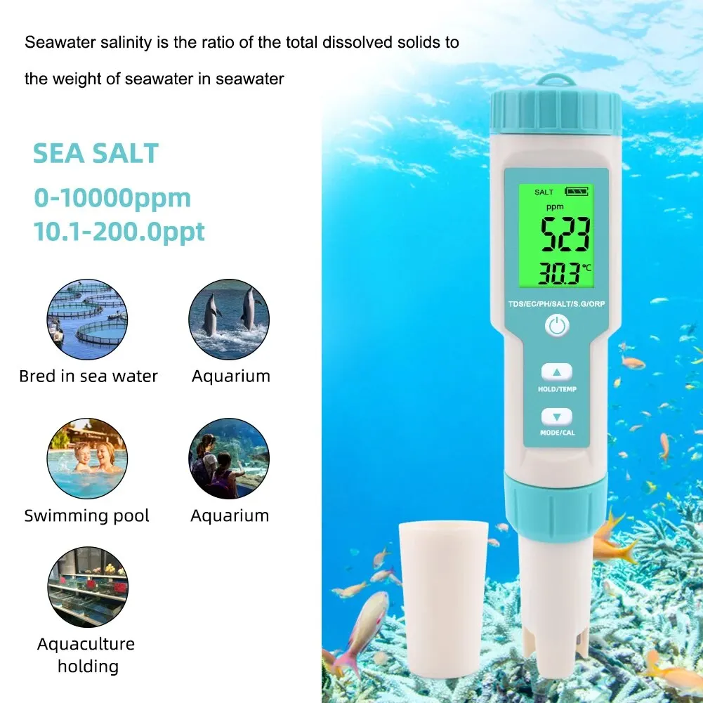 Yieryi TDS EC PH Salinity Meter ORP H2 S.G TEMP Water Quality Monitor Solution Fertilizer Resistivity Tester for Pools,Aquariums