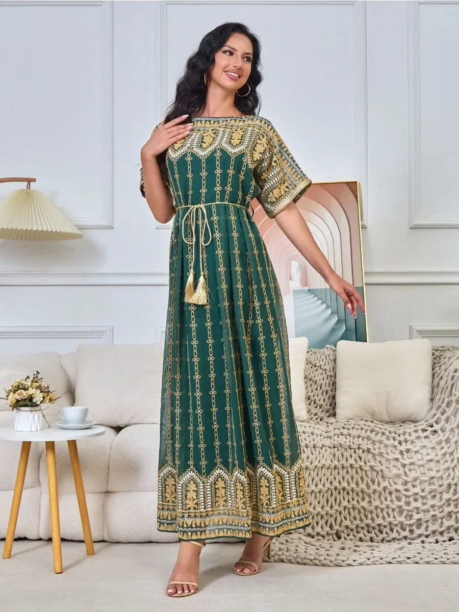 Kaftan Longo Bordado Feminino, Eid, Vestido de Festa Muçulmano, Abaya, Ramadã, Manga Curta, Dubai, Kaftan, Jalabiya, 2022