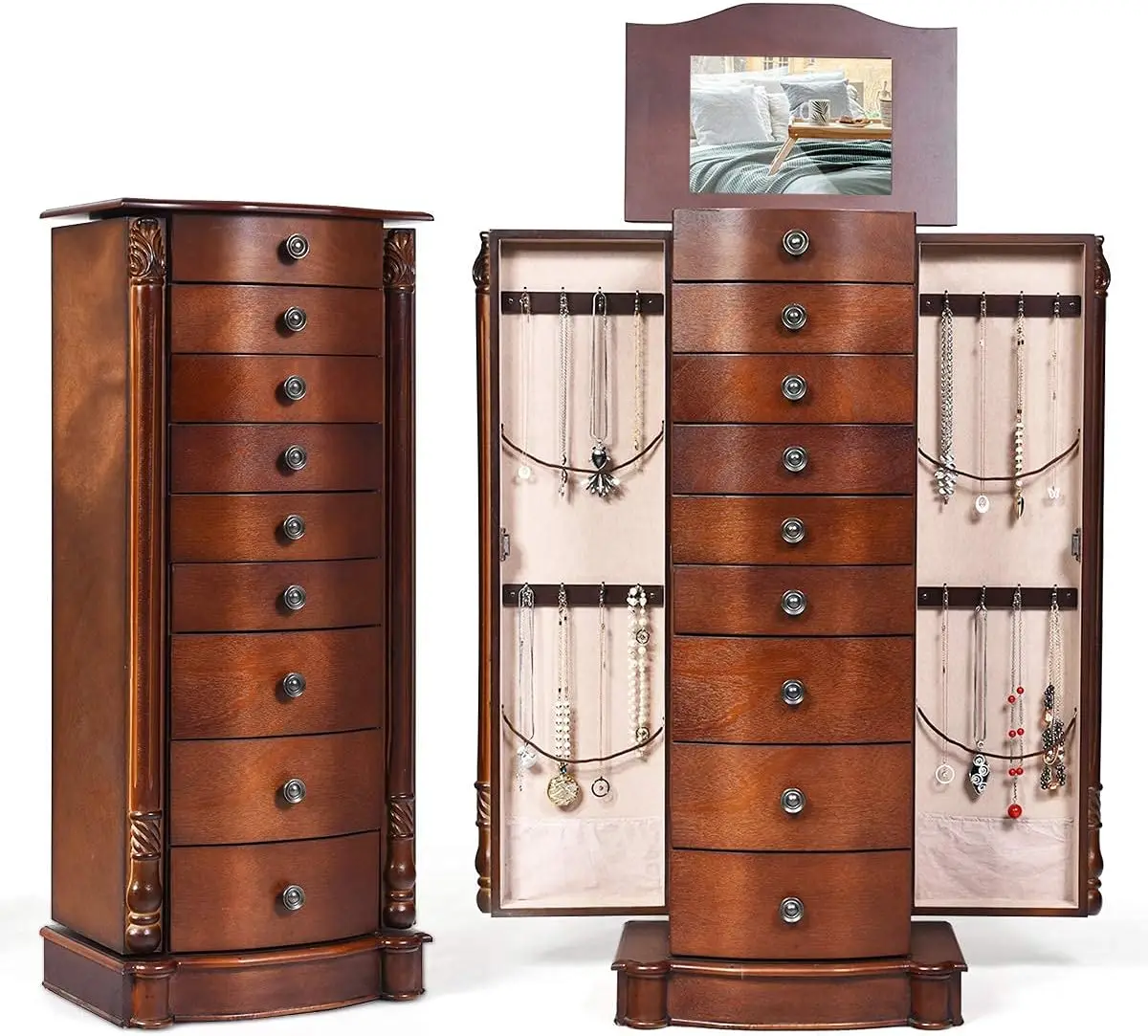 Reuniong Jewelry Armoire Cabinet, Standing Cambered Front Storage Chest With Top Flip Mirror, 8 Drawers, 2 Side Doors & 16