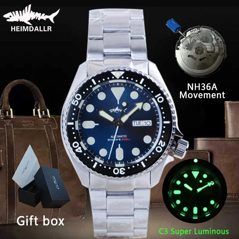 HEIMDALLR Sharkey SKX007 Vintage Taucheruhr Mechanische Herrenuhren 200M Saphirglas Leuchtende NH36 Automatikwerkuhr