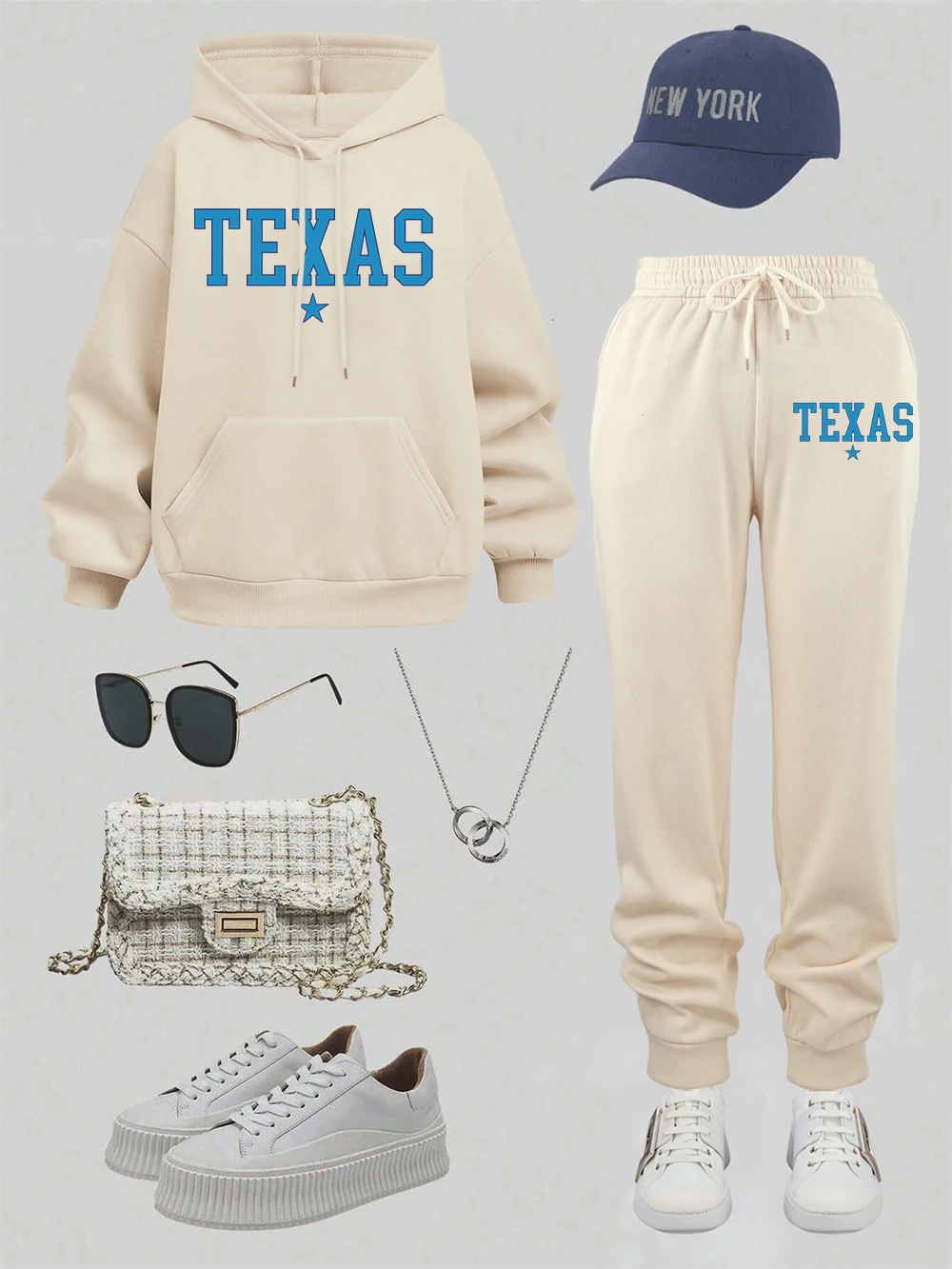 

Комплект из 2 предметов с капюшоном для женщин, спортивные штаны с буквенным принтом штата Техаса, США, спортивные свободные толстовки с карманами, брюки, осенняя флисовая теплая одежда