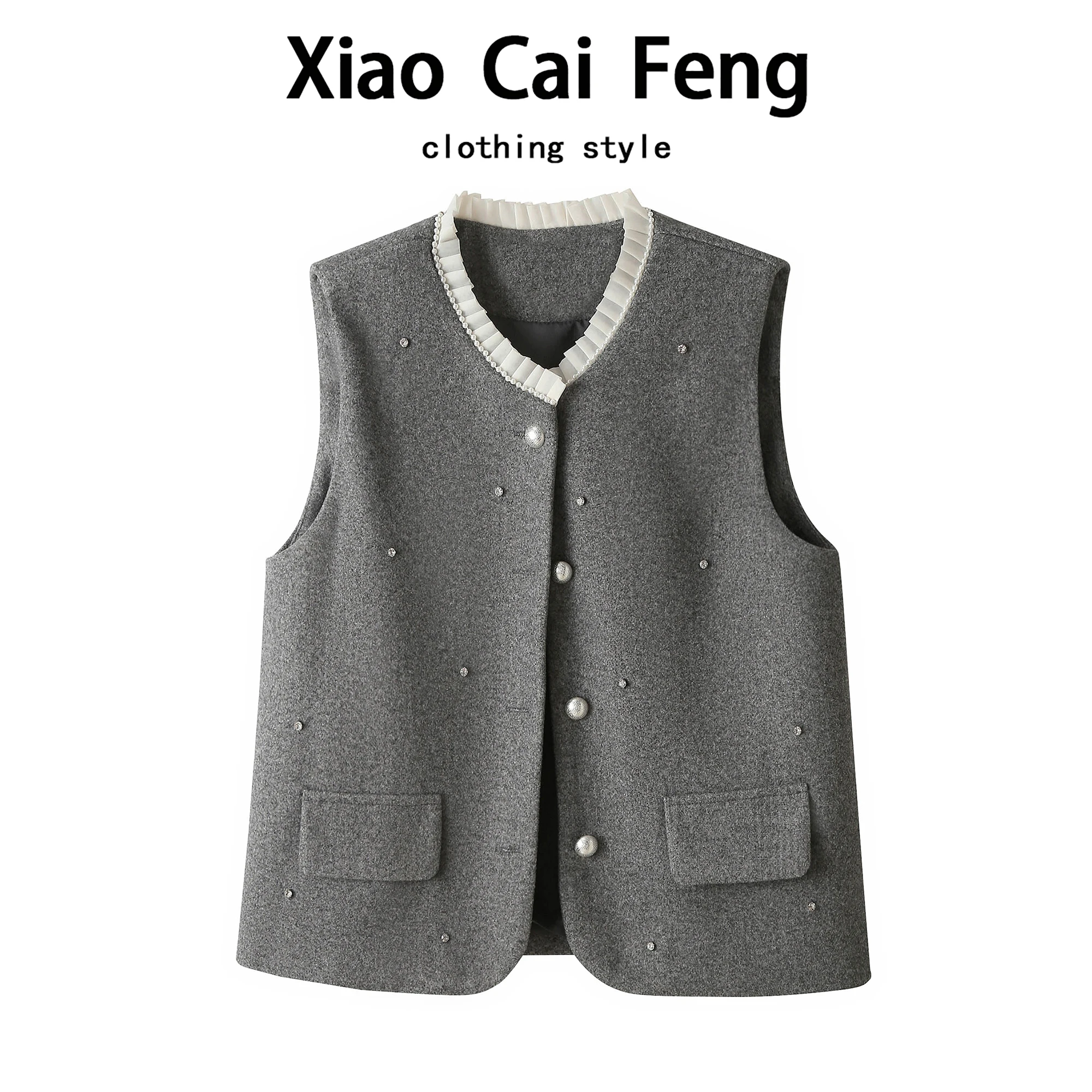 

Heavy-Embroidered Diamond Women's Woolen Vest Autumn Winter Svel Outerwear Trendy Casual Sle Single-Button Closure