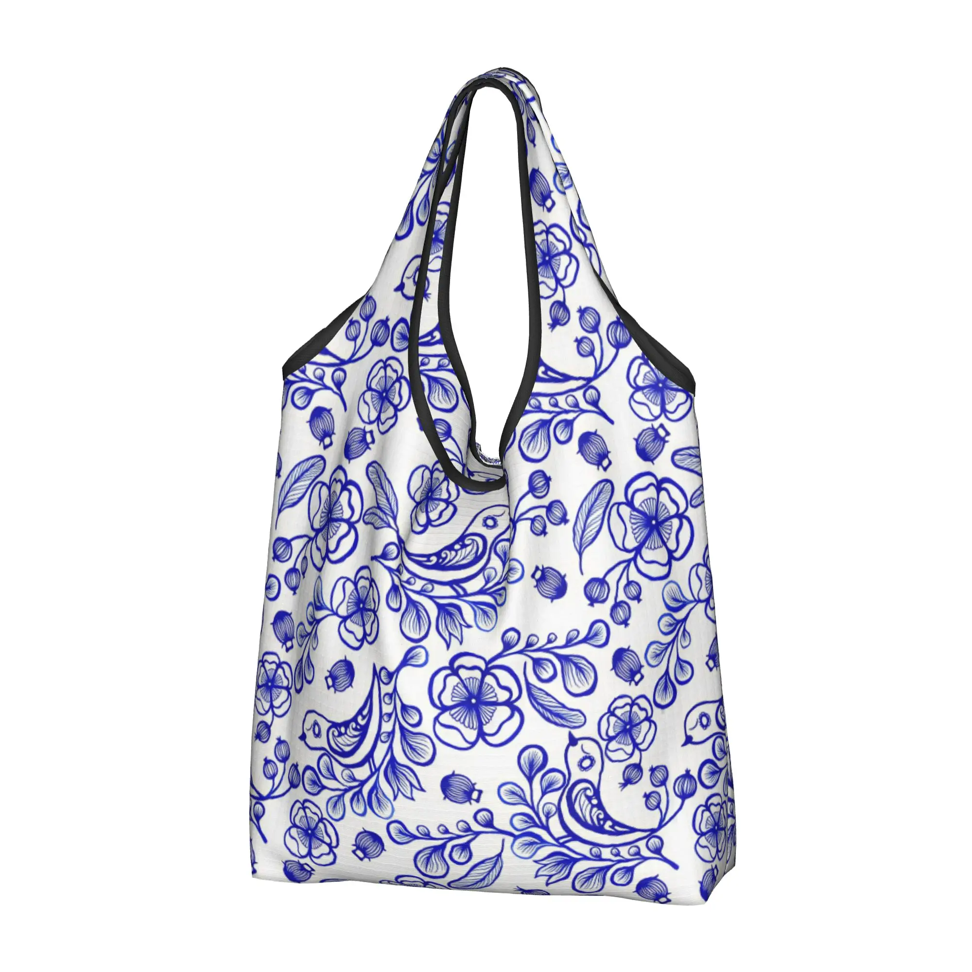 Custom High Watercolor Birds And Plant Flowers Shopping Bags Women Portable Large Capacity Groceries  Tote Shopper Bags