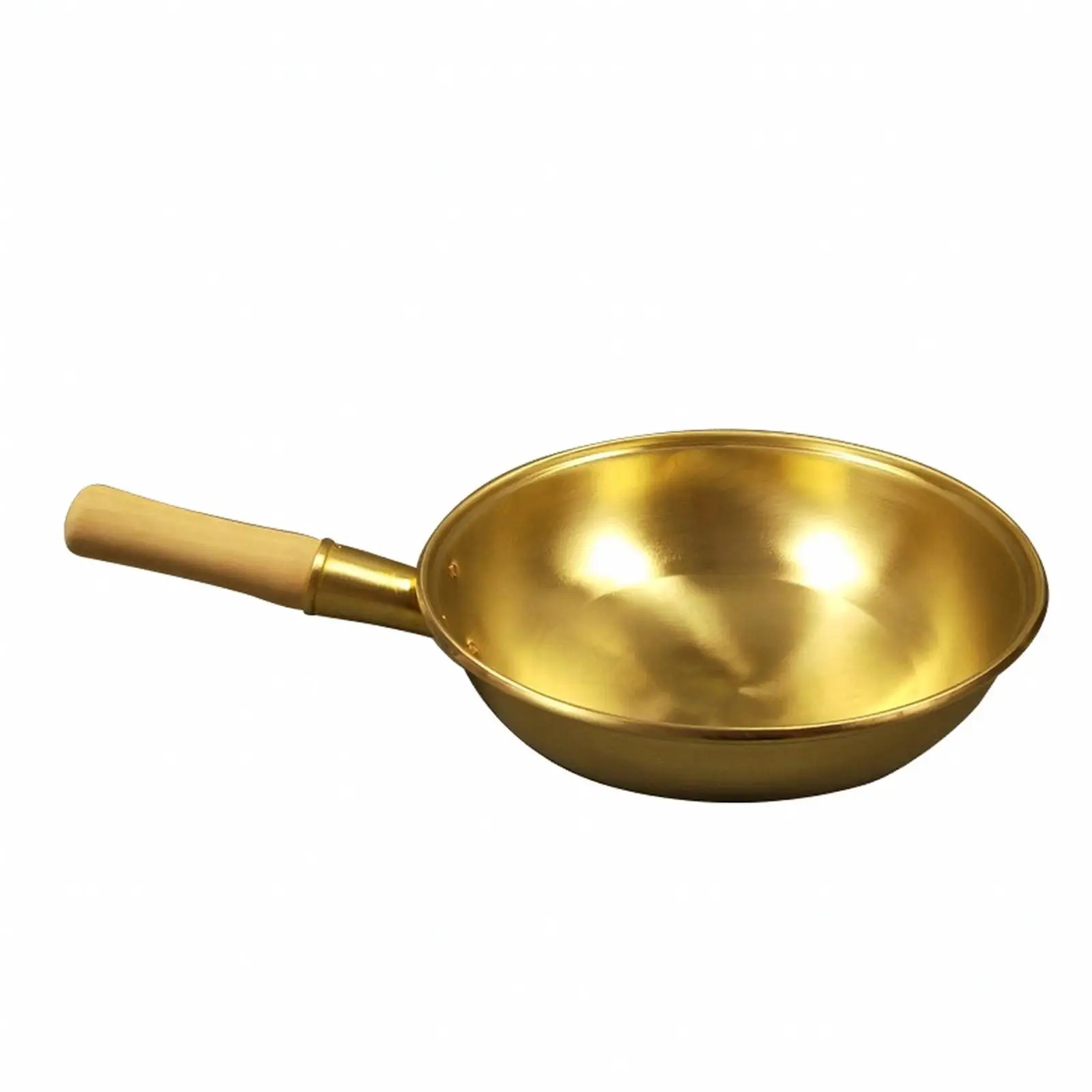Uncoated Copper Wok Pan Polished Finish Round Bottom Stir Fry Cookware Wooden Handle