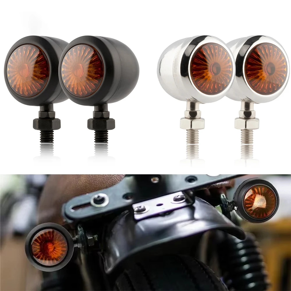 2/4PCS 12V Universal Metall Retro Motorrad Blinker-kontrollleuchte Schwarz Chrom Kugel Laufende Lichter Lampe Bernstein blinker