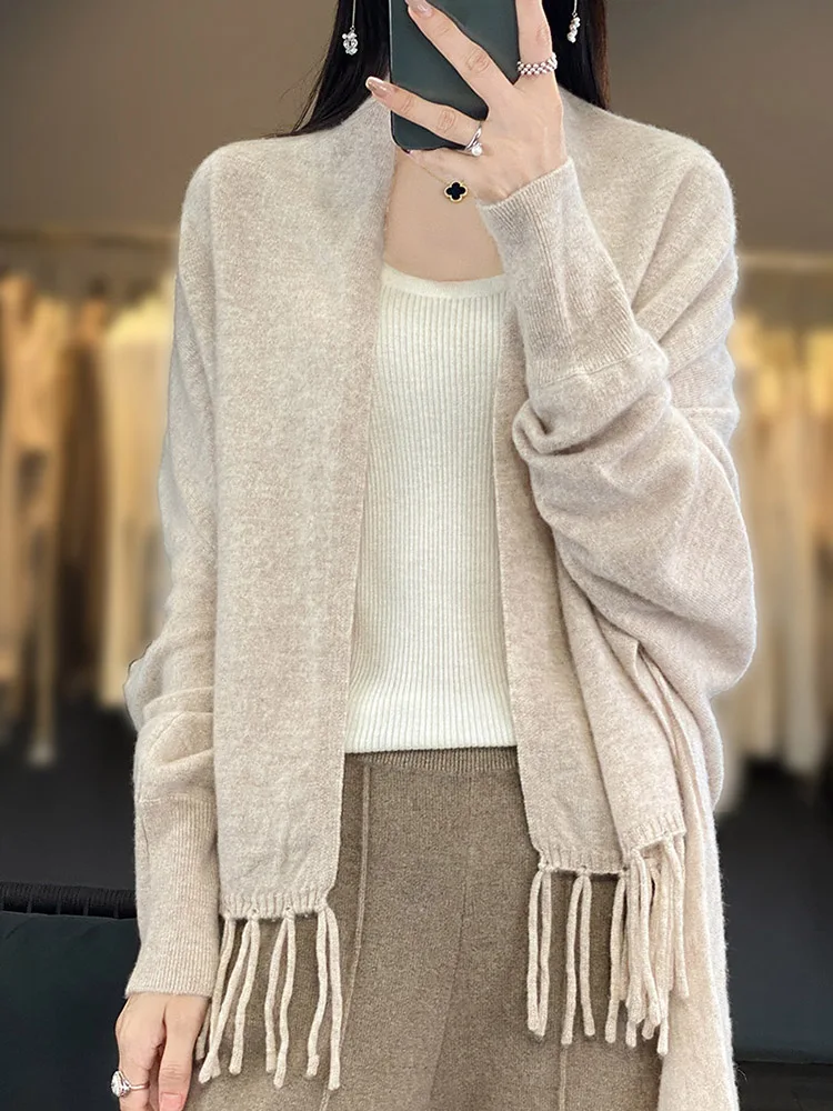 Women\'s Long Sleeve Wool Tassel Jacket, Female Cardigan Shawl, Loose Coat, Vintage Fashion, Casual Street Outerwear, Poncho, 100