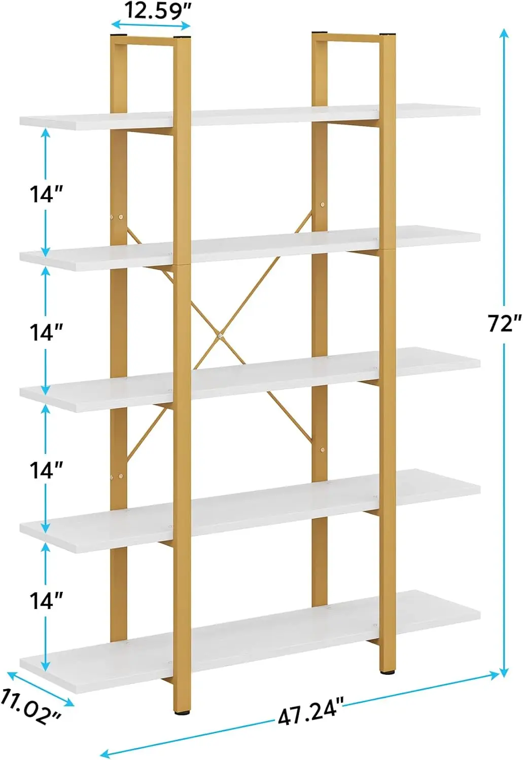 Tribesigns 5-Tier Bookshelf, Vintage Industrial Style Bookcase 70 ‘’ H x 12’’ W x 47’’L, Gold