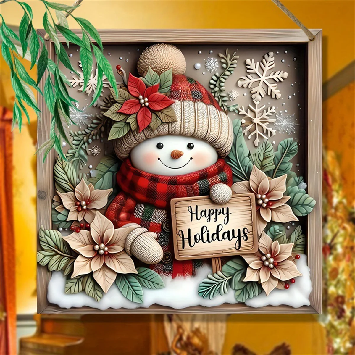 A71P 2D شقة الخشب نحت الثلج المشهد خشبية القنب حبل قلادة الديكور عيد الميلاد مهرجان الديكور