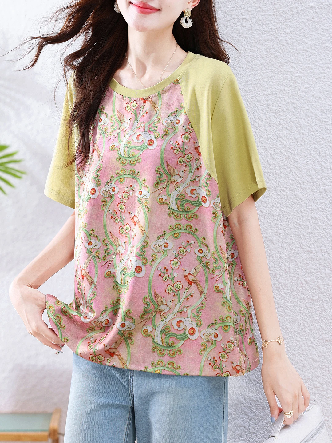 Elegant New Chinese Style Printed Loose Fit Short Sleeve T-Shirt Women's Summer Fashionable Top round Neck Casualwear