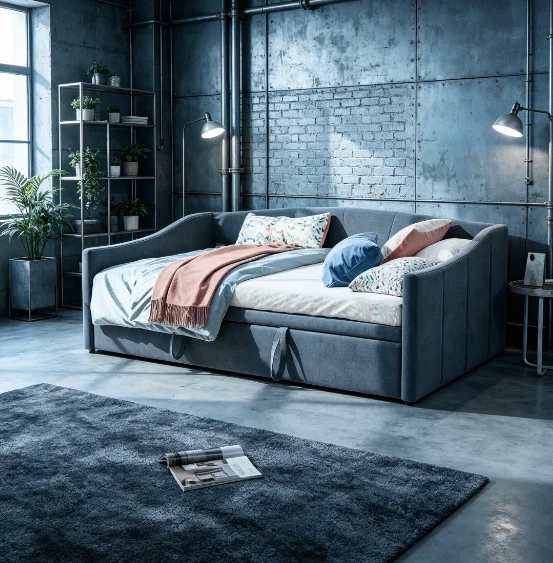 Rosahange Daybed 90/180x200cm, 2-in-1 Klappsofa, Ausziehsofa, Einzelbett, Schlafsofa mit Ausziehbett, Grauer Samt, ohne Matratze