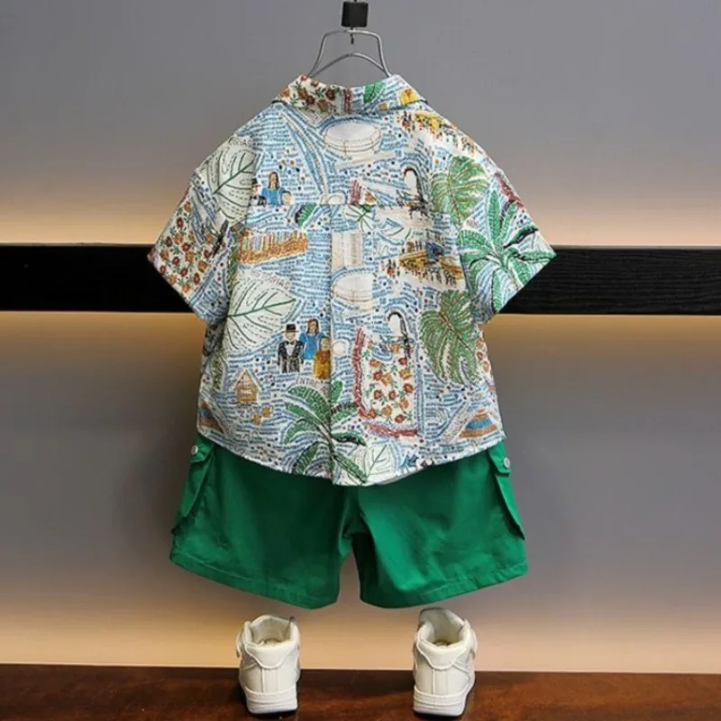 2026 Summer Boys Tropical Print Shirt Kids Short Sleeve Beachwear Cotton Stylish Breathable Kids Clothing​