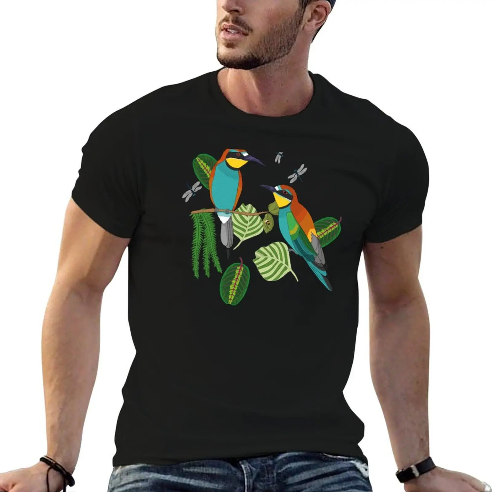 

European bee-eater pattern with bees, dragon fly and foliage (blue) T-Shirt t shirts cotton 100% t shirt for man T-Shirt