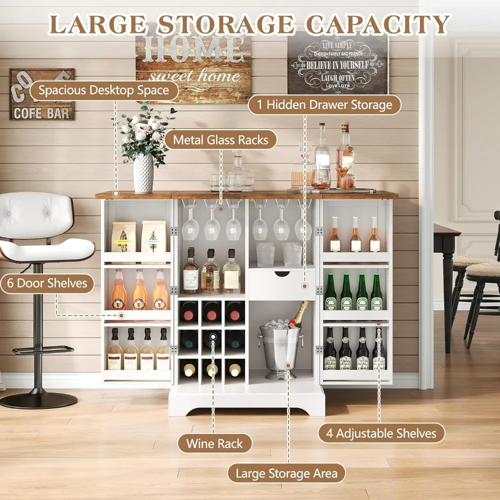 خزانة بار النبيذ القابلة للتوسيع مع سطح طاولة قابل للطي وباب الحظيرة، وحدة بار القهوة المنزلية مقاس 61 بوصة تتميز بتخزين النبيذ والزجاج #6