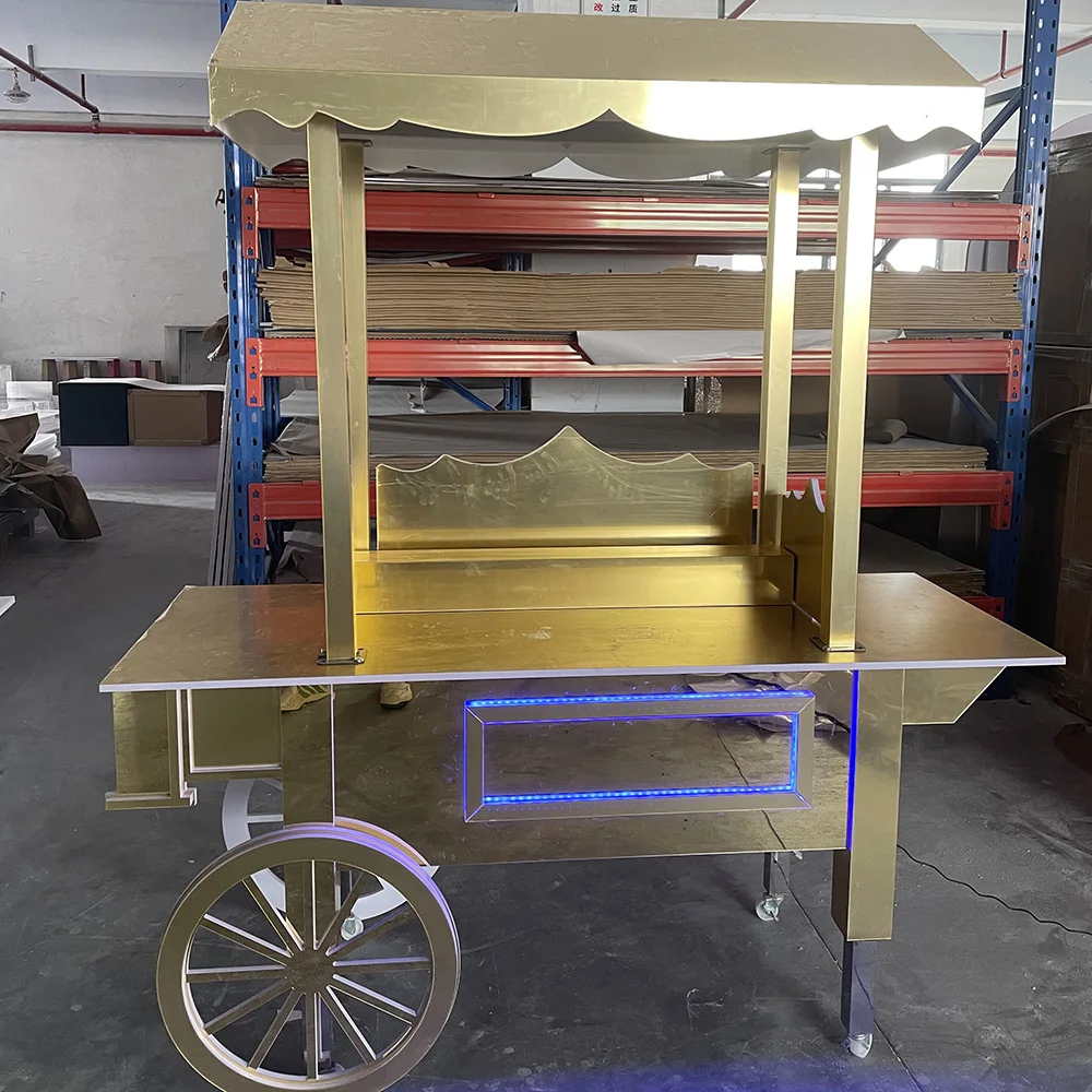Wedding Event Parties Decoration Unique Design Sweet Dessert Cart Cake Display Container Gold Candy Cart Decoration