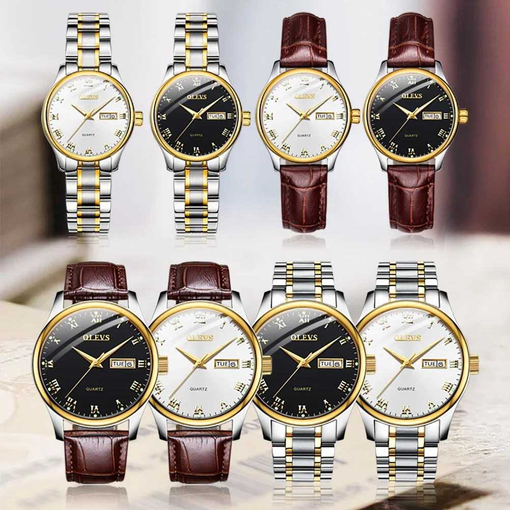 OLEVS Fashion Couple Watches Gift Box Set Date Week Double Calendar Dial Waterproof HD Luminous Lover's Casual Quartz Wristwatch