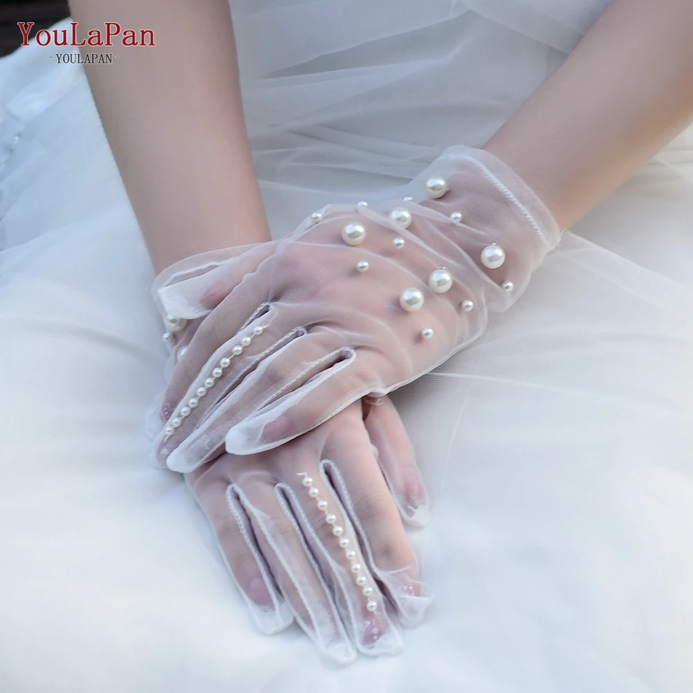 YouLaPan M08 Short Lace Wedding Bridal Gloves Bowknot Lace Pearl Soft Mesh Gloves Girls Party Supplies Birthday Princess DIY Gif