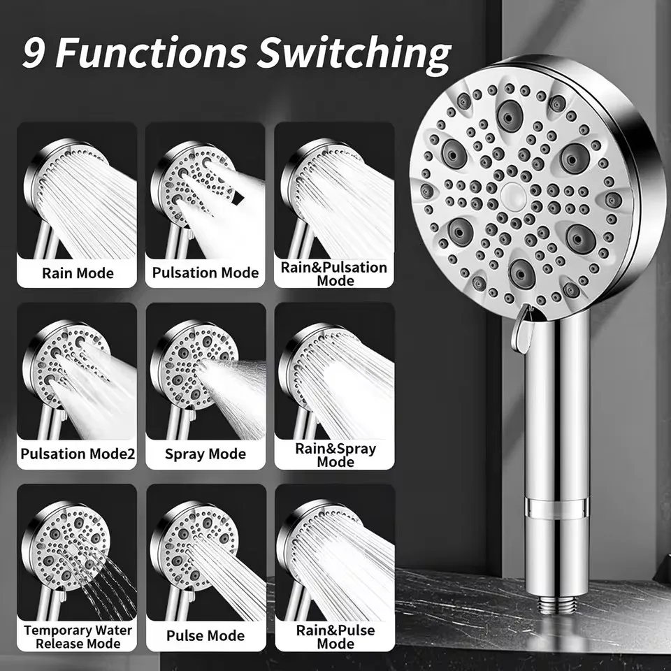 13CM Big Panel 9 Modes Multi-functional Shower Head High Pressure Shower Mineral Balls Filter Massage Bathroom Shower Head