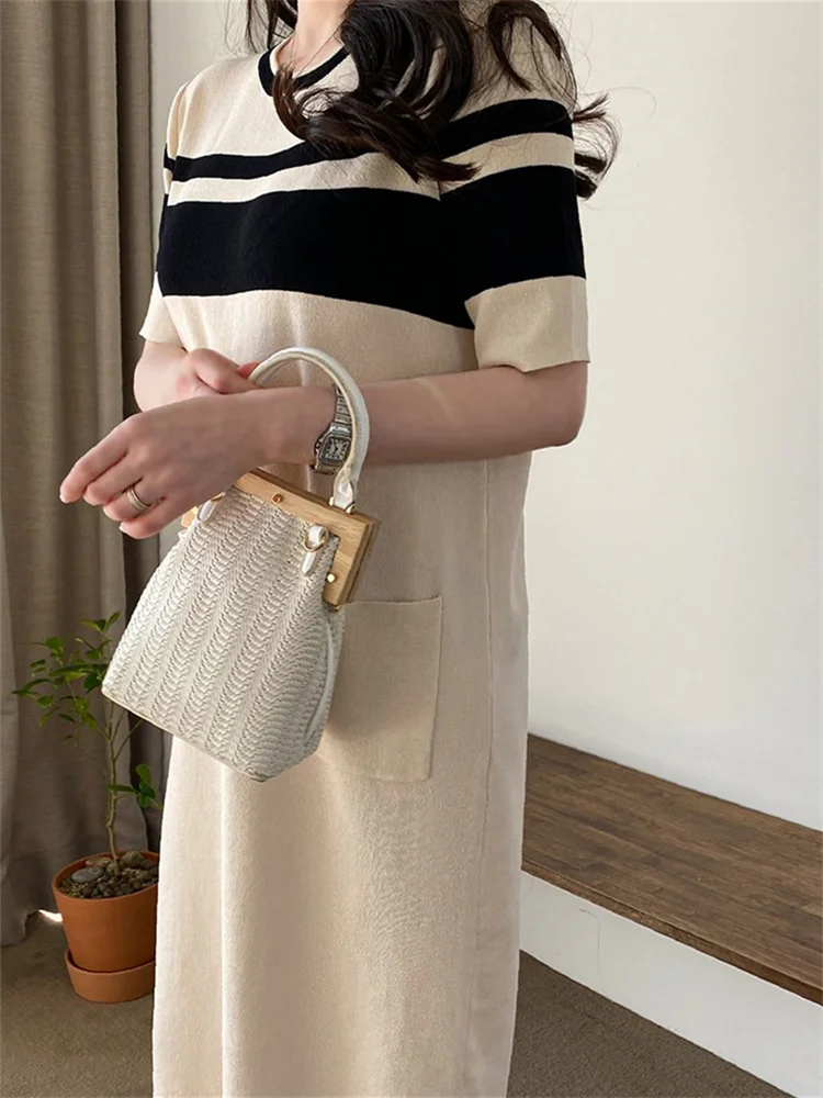 Korea Fashion Summer Woman Pullover Knitted Dress Korea New Ladies Womens Black Knit Dresses Casual Office Sweater Long Dress