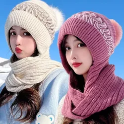 Winter Thick Warm Fleece Lined Beanies Scarf Cap Set Women Girl Pompom Knitted Wool Hood Skullcap Female Outdoor Ski Bonnet Hat