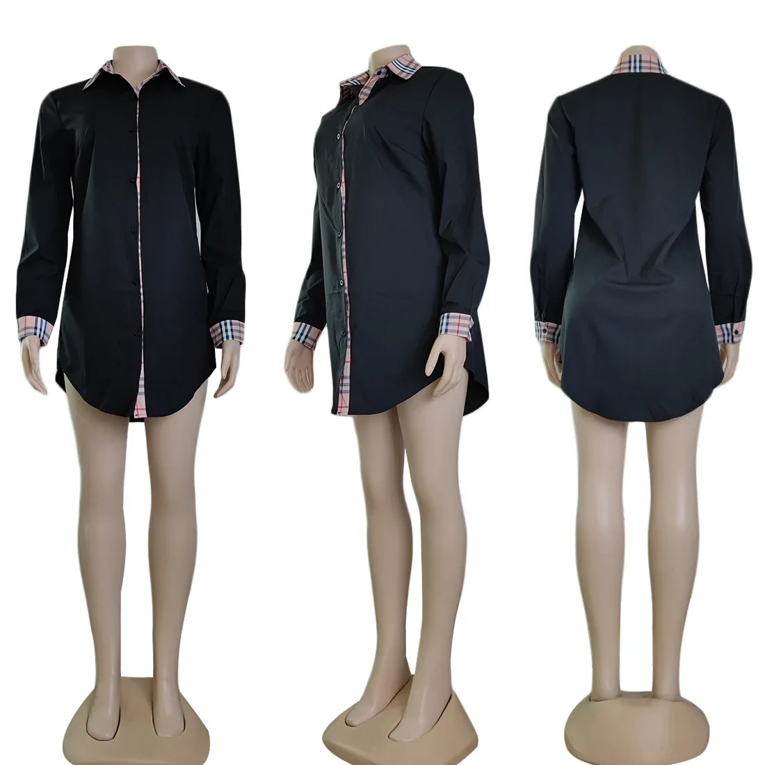 Primavera nuovo temperamento solido Casual camicia a quadri vestito manica lunga camicetta da donna Slim corto Mini abito bottone vestiti autunnali