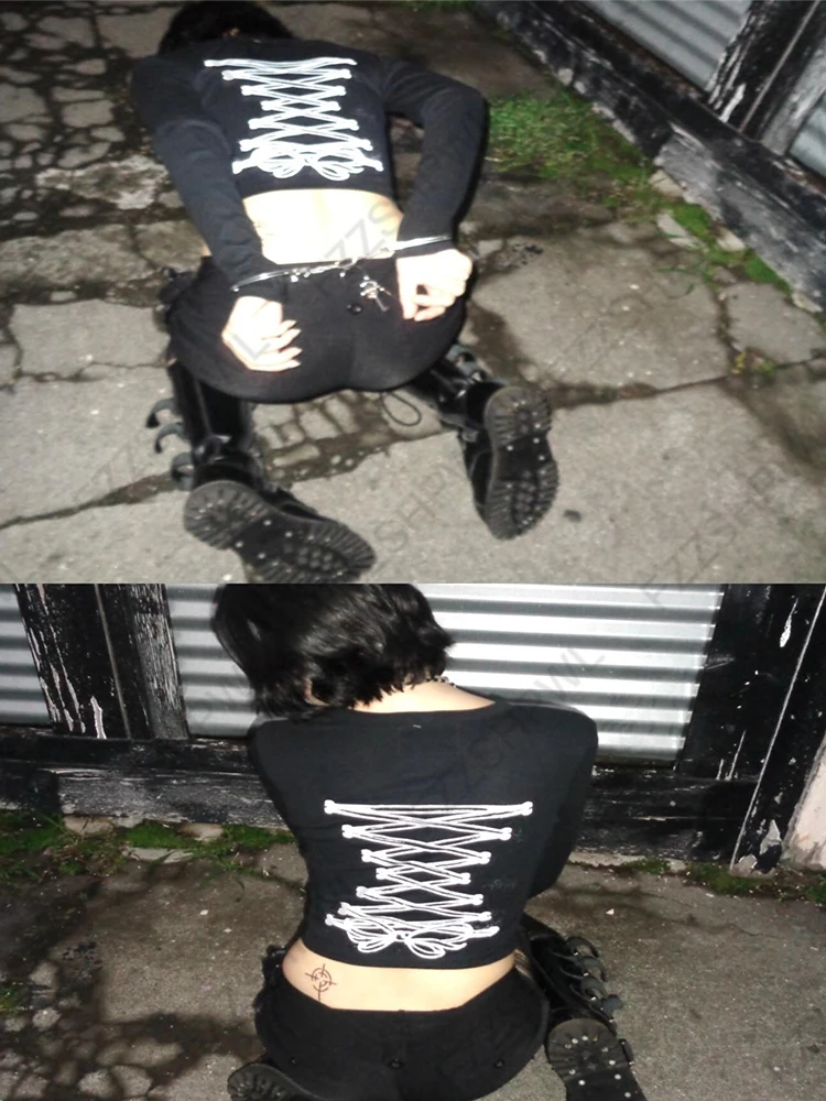 القوطية الجرونج الشرير Y2K المرأة طويلة الأكمام تي شيرت مثير سليم شيك الجرافيك طباعة المحاصيل القمم الألفية Harajuku الهيب هوب الشارع الشهير