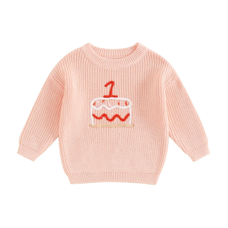 Infant Baby Girl Boy Knit Sweater Birthday Cake Embroidery Blouse Pullover Sweatshirt Warm Crewneck Long Sleeve Tops