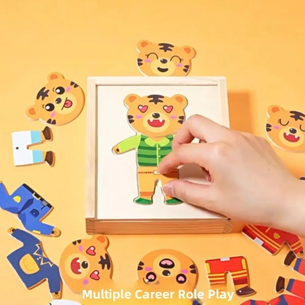 Material de madeira quebra-cabeça de madeira mudar roupas recurso função educacional dos desenhos animados mudar roupas jogo design dos desenhos animados