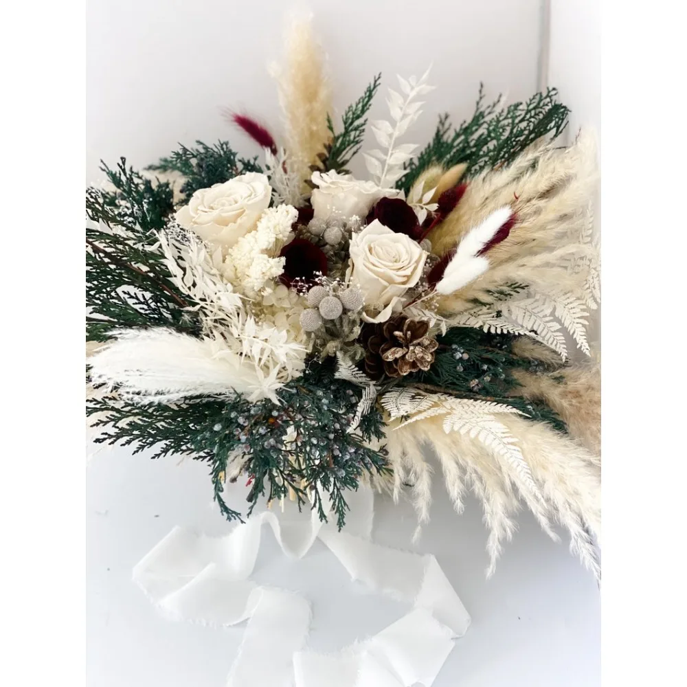 Dried Flowers,Cedar,Pampas Grass Winter Bouquet,Bride and Bridesmaids,Dried Flower Bouquet,Wedding Flowers