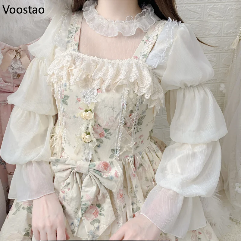 Elegant Vintage Lolita Blouses Women Sweet Cute Hollow Out Mesh Lace Ruffles Princess Shirts Female Gothic Loose Blouse Tops