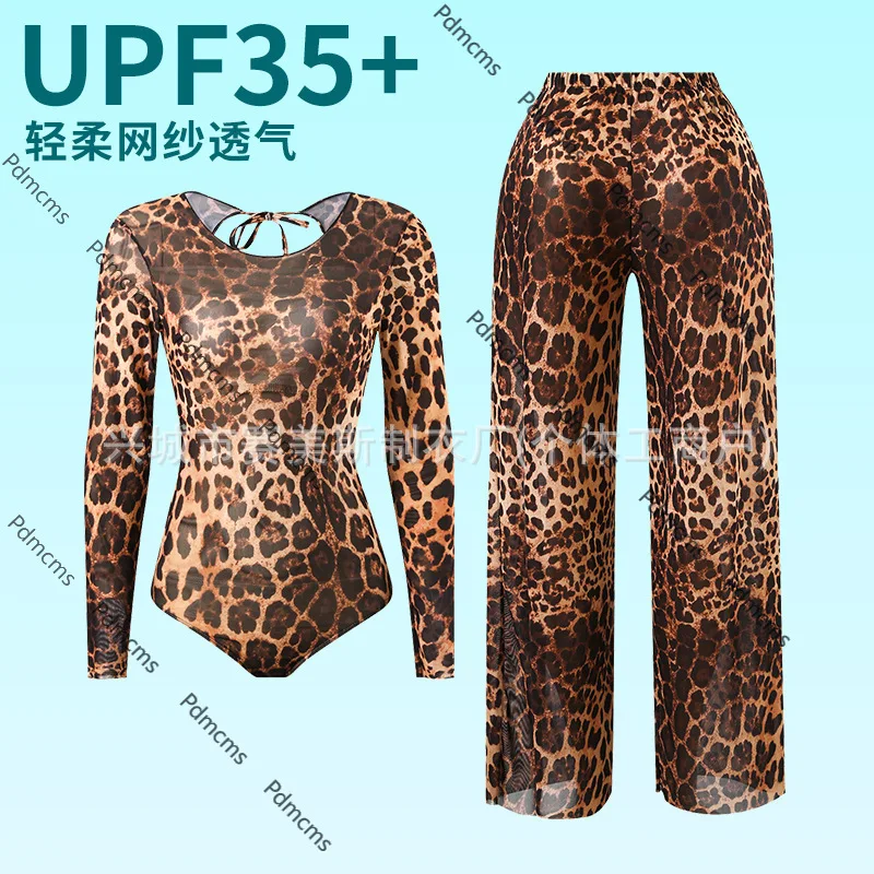 

2025 new Russian sunscreen mesh long-sleeved trousers one-piece swimsuit set leopard print упальник bikini