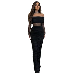 Women's Mesh See Through Mini Bodycon Dress, Black, Monochromatic, Long Sleeve, Party Club Clothing, Spring