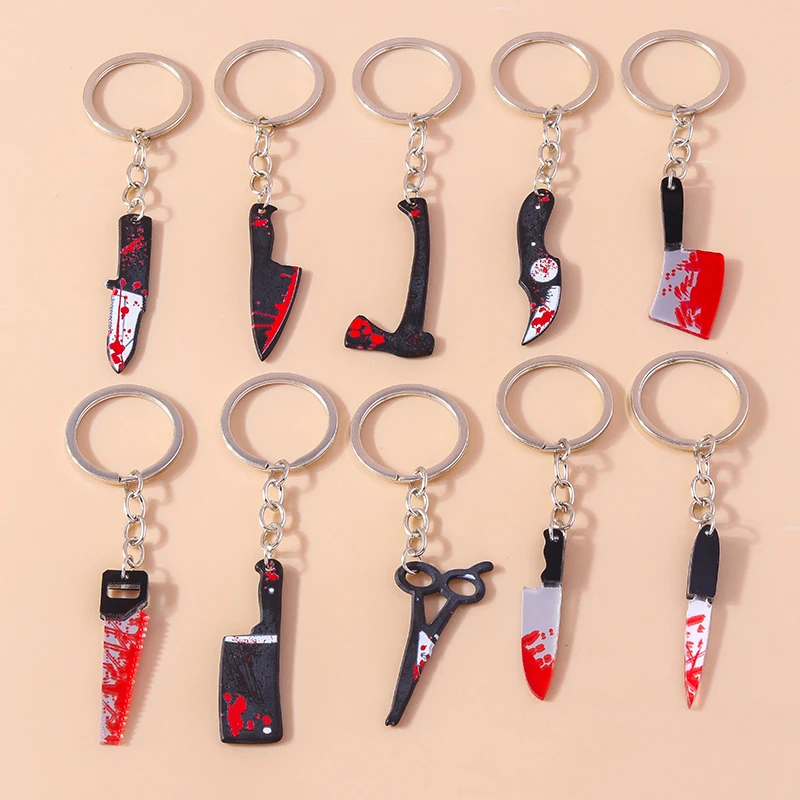 Aihua Resin Halloween Imitation Bloody Knife Keychain Dagger Scissors Axe Saw Keyring for Halloween Night Party Jewelry Gifts