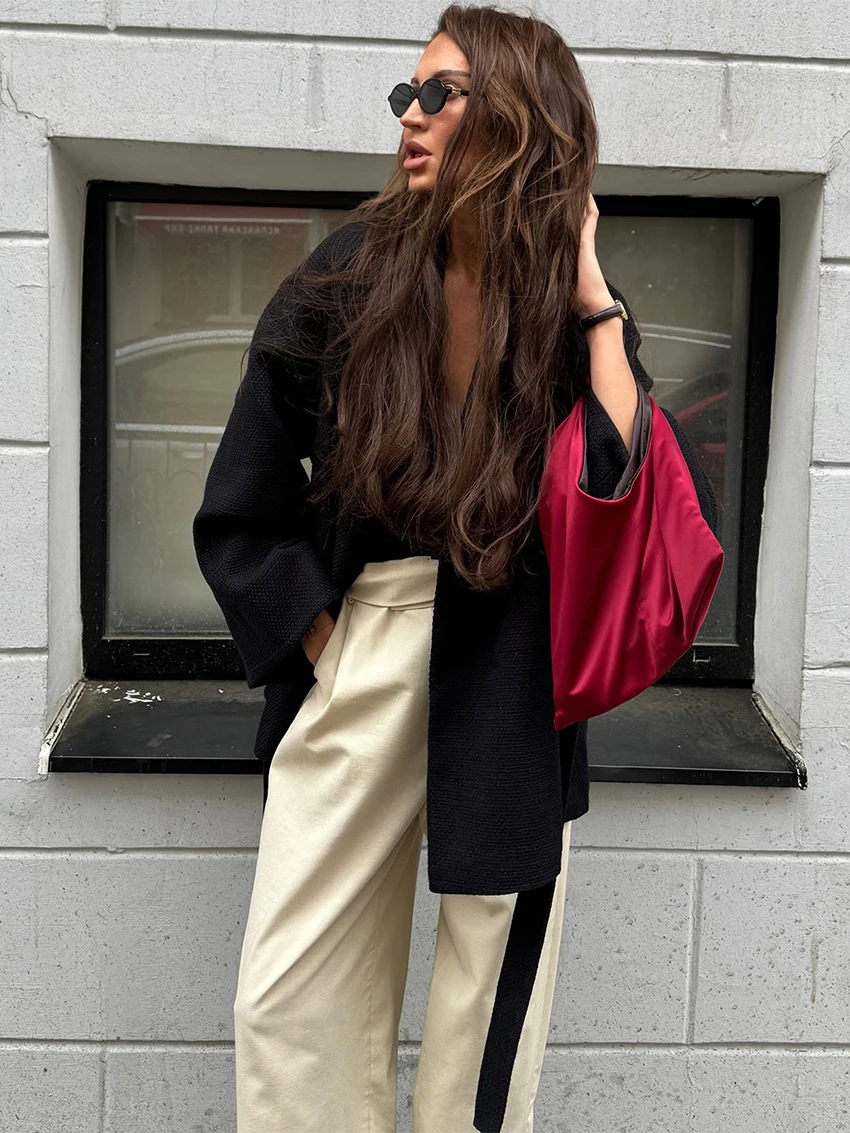 Parc Fee Fashion Loose Black Women's Coat 2025 Winter V-Neck Long Sleeve Jacket Elegant Classic Lace-Up Top Female Clcothing