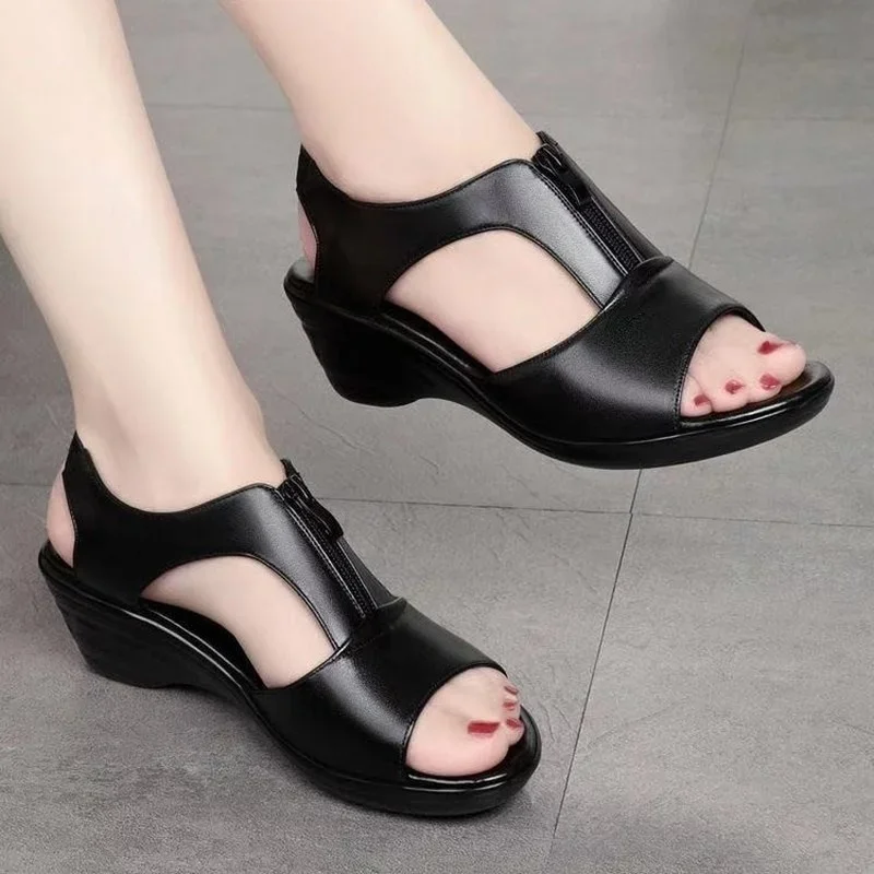 Women Summer Sandals New Wedge Roman Sandals Female Fish Mouth Zipper Breathable Wedge  Women Designers Luxury