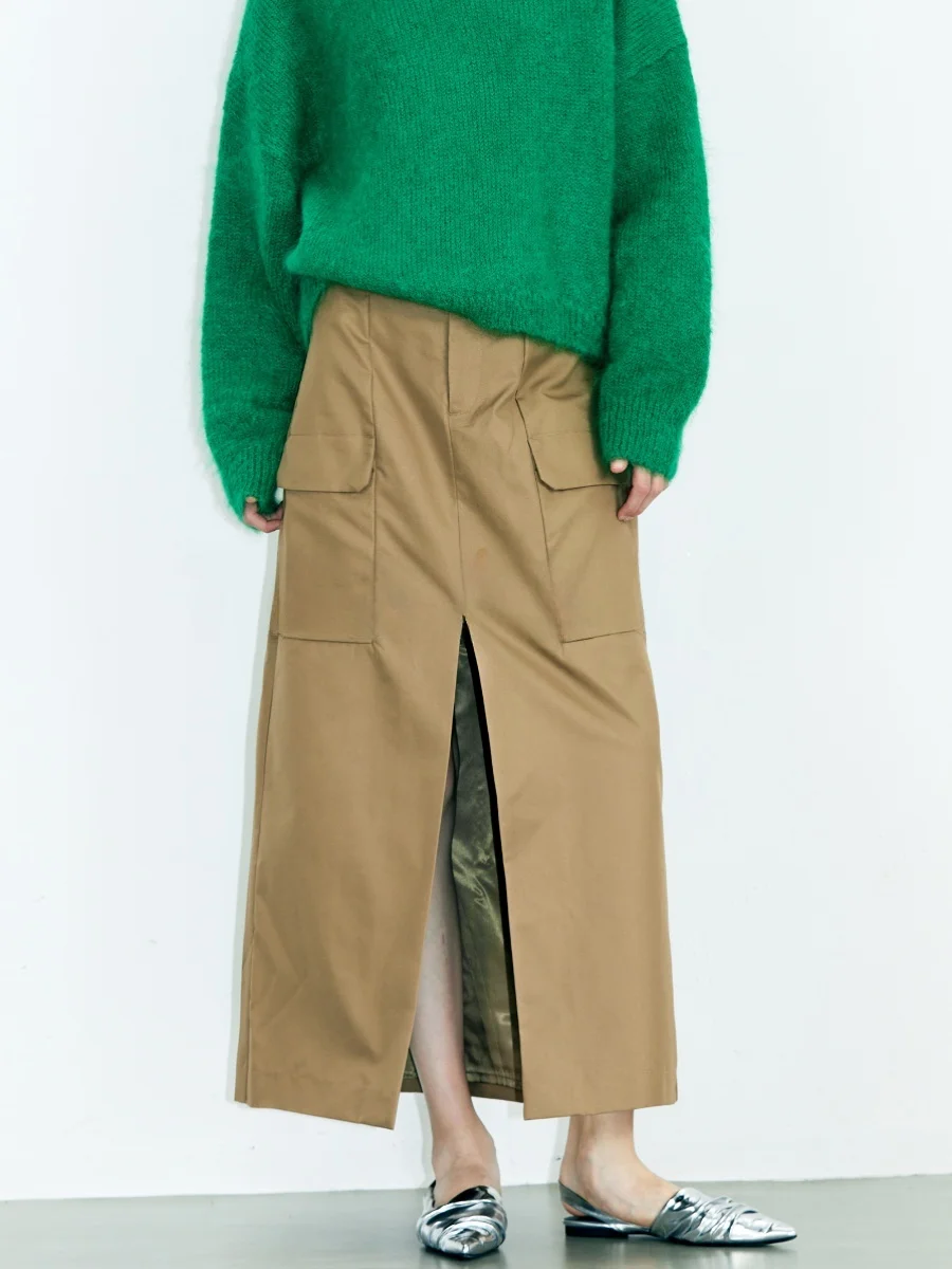 

Khaki Workwear f Skirt mid High Waist Slimming ket Loose Split mid Long Skirt Spring New Sle THECELO25 Women's Faion