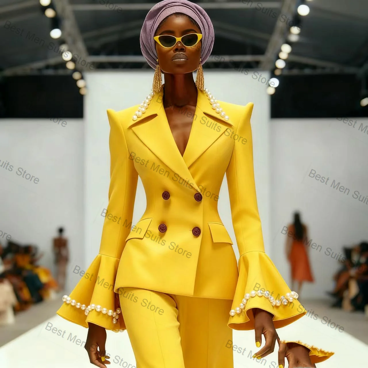 Pearls Women Suit Set 2 Pcs Blazer Pants Trousers Yellow Spring Cotton Formal Office Jacket Customized Wedding Tuxedo Guest Coat view 4
