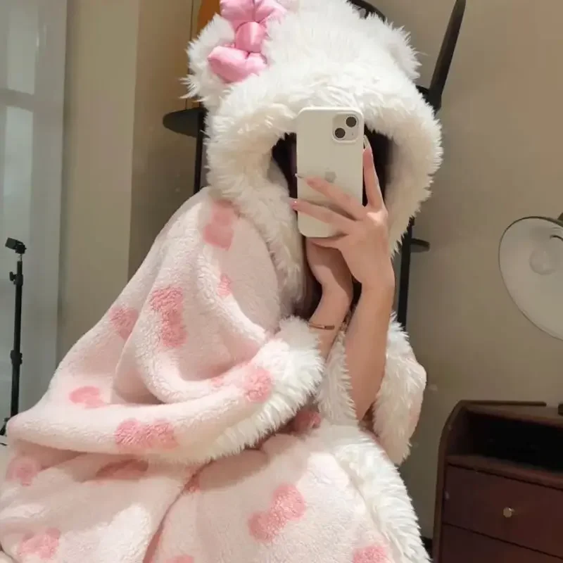 Kawaii مرحبا كيتي أفخم الجلباب المرأة المرجان بيجامة من الصوف الفتيات لطيف مقنعين بطانية عادية الصوف ملابس خاصة النساء الملابس