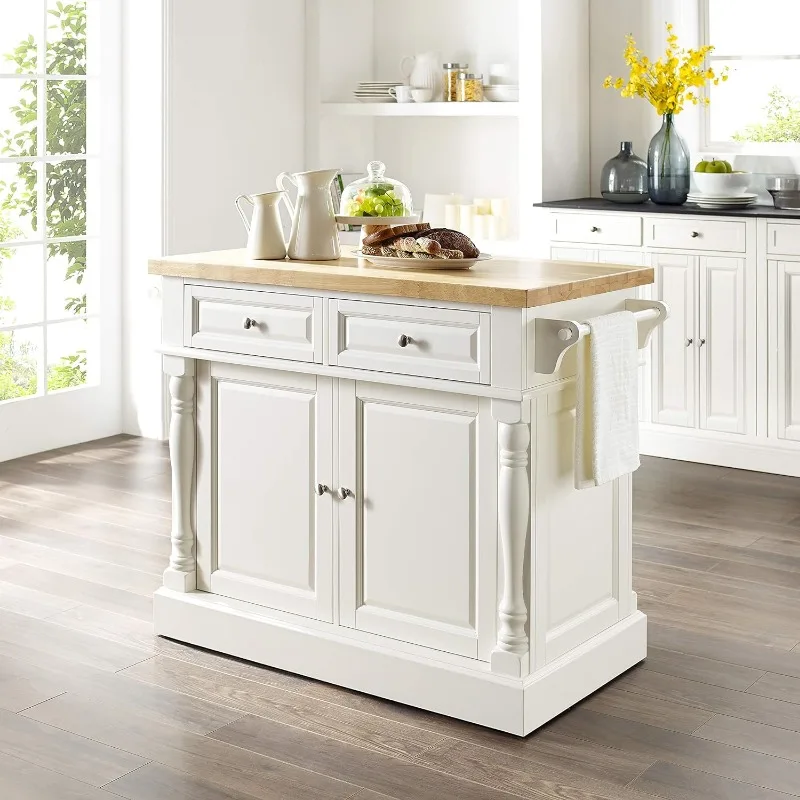 Oxford Butcher Block Kitchen Island, Microwave Stand, with Storage Shelves and Drawers, White