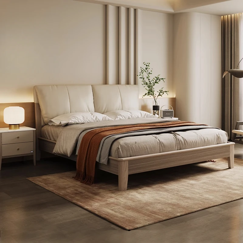 Wooden ash wood solid wood bed, leather soft bag double Nordic master bedroom bed