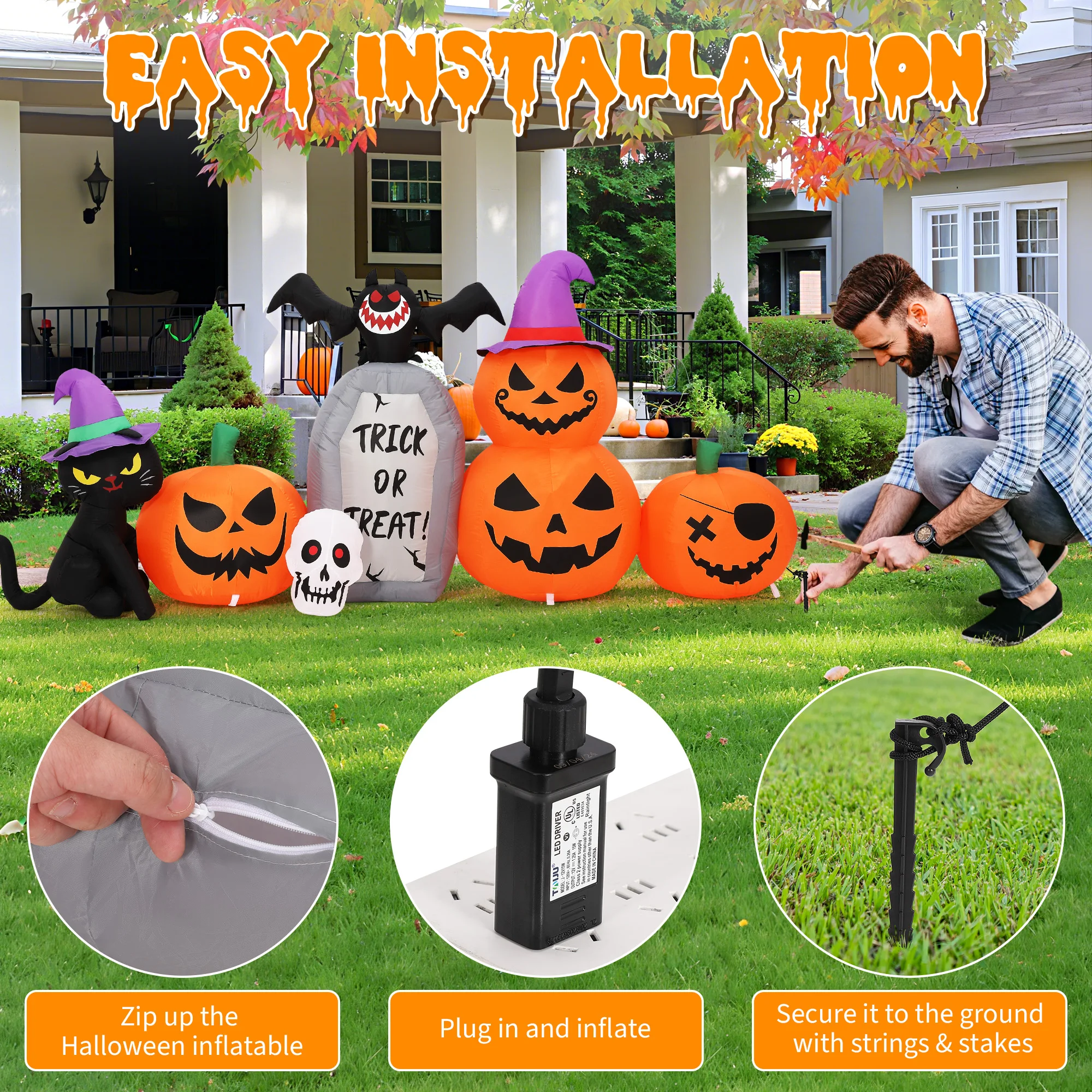8 ft Long Halloween Inflatables Outdoor Decorations Blow Up Pumpkin Black Cat with Build in LED Lights Bat Tombstone Inflatable Yard Lawn Porch Party Holiday Display Supplies Props