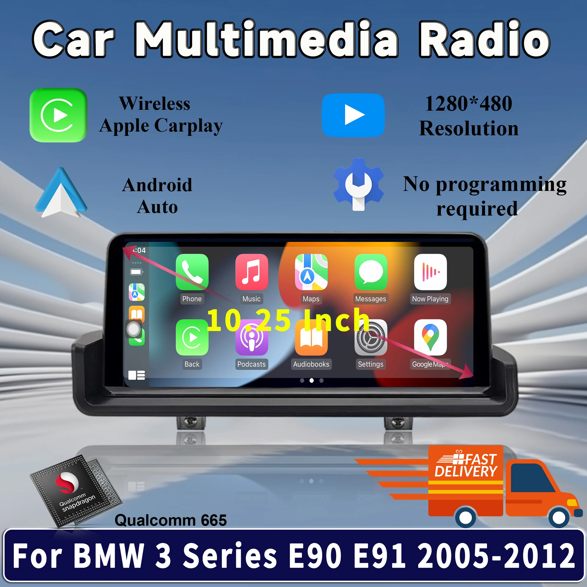 6G 64G 10,25 pouces GPS Navigation Android 15 Lecteur DVD Multimédia Automobile Radio pour BMW Série 3 E90 E91 E92 2005-2012 Systèmes Intelligents Apple CarPlay Sans Fil 4G DSP