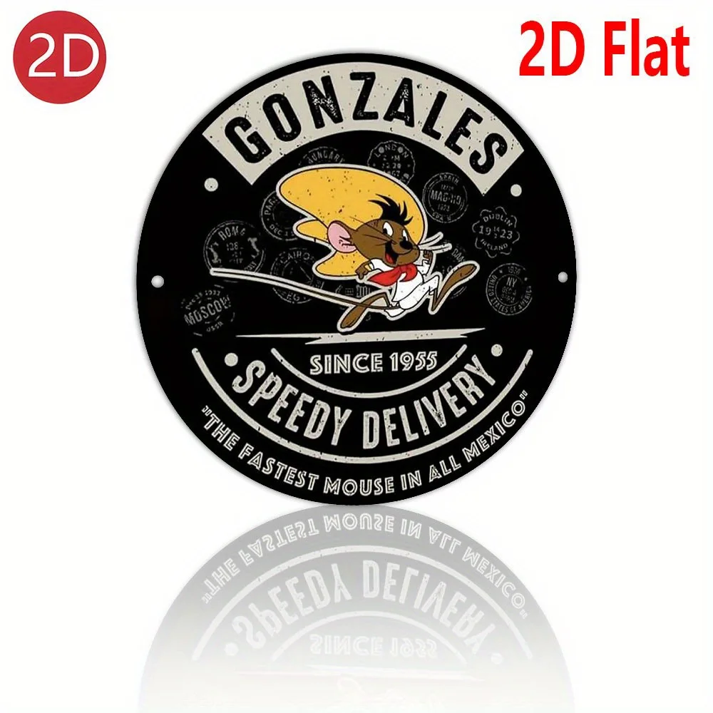 لافتة معدنية من الألومنيوم مسطحة ثنائية الأبعاد مقاس 20.32 × 20.32 سم - ماوس كرتوني قديم في سمبريرو ووشاح أحمر مع "GONZALES SPEEDY DELIVERY" و"SIN