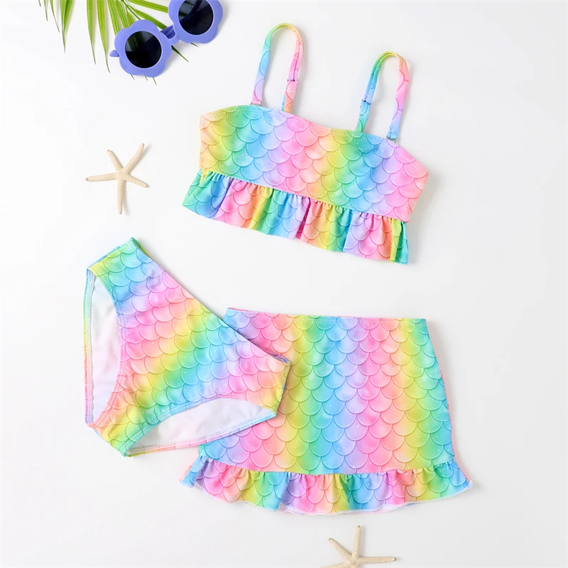 2024 Rainbow Mother Daughter Matching Swimsuits Family Set Mermaid Mommy and Me Swimwear 3pcs Women Girls Bikini Dresses Clothes