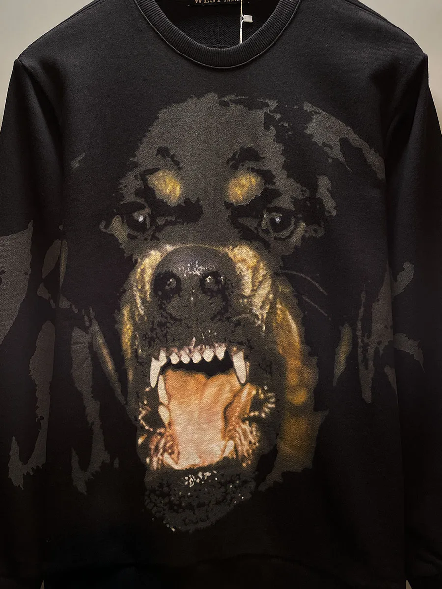 New Men's Loose Fit Fleece Lined Hoodie Dog Head Print Casual Sweatshirt Versatile Autumn Winter Streetwear Trendy Couple's Wear