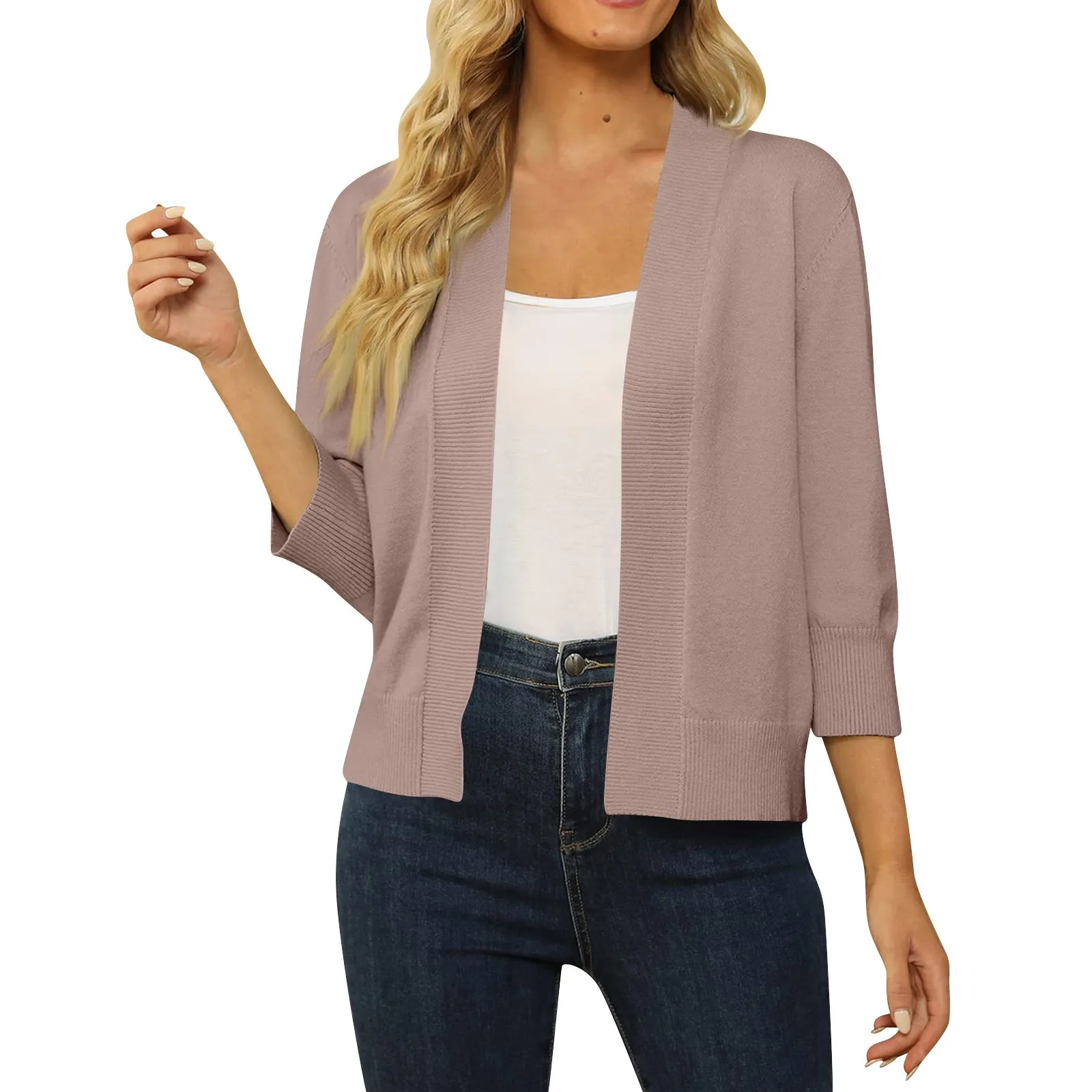 Ladies\' Plain Color Simple Classic Style 3/4 Sleeve Cropped Cardigan Sweater Spring Fall Versatile Open Front Lightweight Top