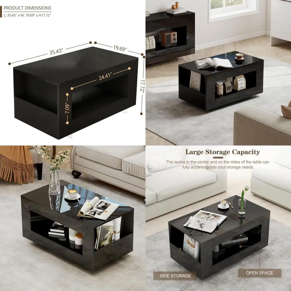 

Современный двухуровневый стеклянный журнальный столик с боковым хранилищем для хранения для гостиной или домашнего офиса, элегантный черный цвет