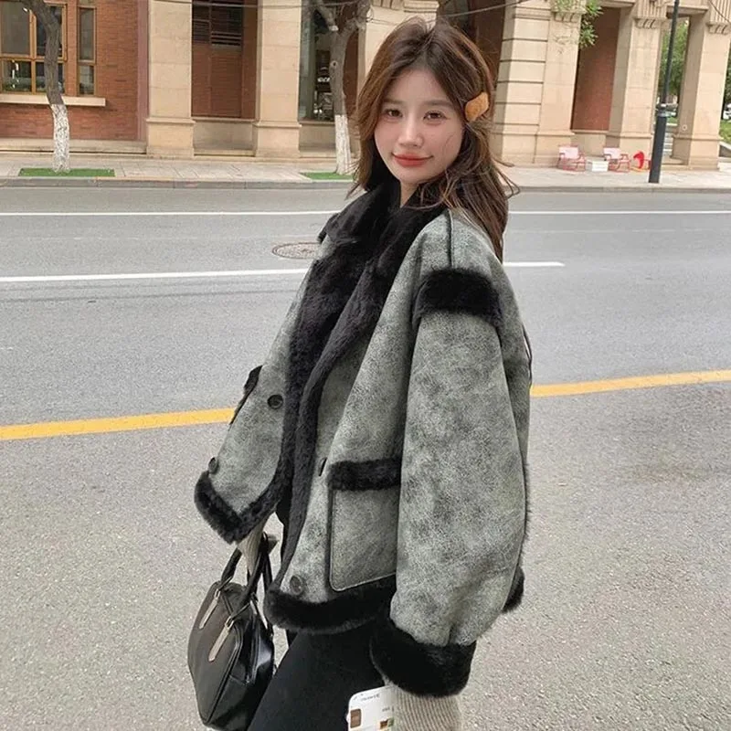 Autumn Winter New Lamb Jacket Women Short Motorcycle Jacket Ladies Warm Outwear High Quality Imitation Suede Coat Solid Color