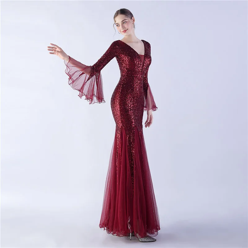 DongCMY Luxury Evening Dresses With Sleeve 2024 Mesh Wedding Dinner Stage Sequin Elegant Party Dresses For Women