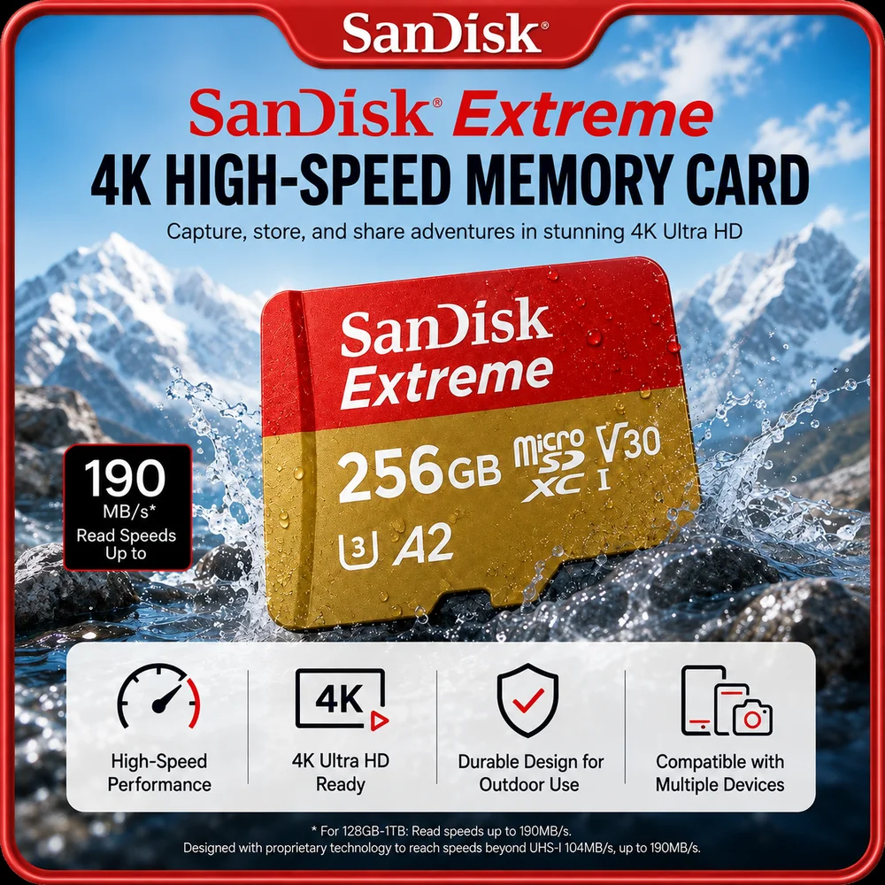 بطاقة ذاكرة SanDisk Micro SD بسعة 256 جيجابايت، تتميز بسرعة عالية، متوافقة مع كاميرات Pocket 3/4 وAction 6/5 Pro وAce وطائرات الدرون، وتدعم الأجهزة اللوحية والهواتف الذكية وأجهزة الكمبيوتر، وتصنيفها V