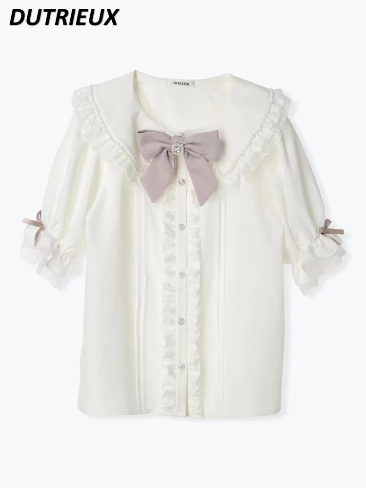Japanese Original New Mine Women's Kawaii Lace Bow Short-Sleeved White Shirt Summer Doll Collar Sweet Cute Girls Wild Tops